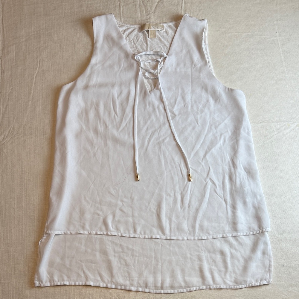 Michael Kors Women's White V Neck Front Tie Sleeveless Blouse Size S
